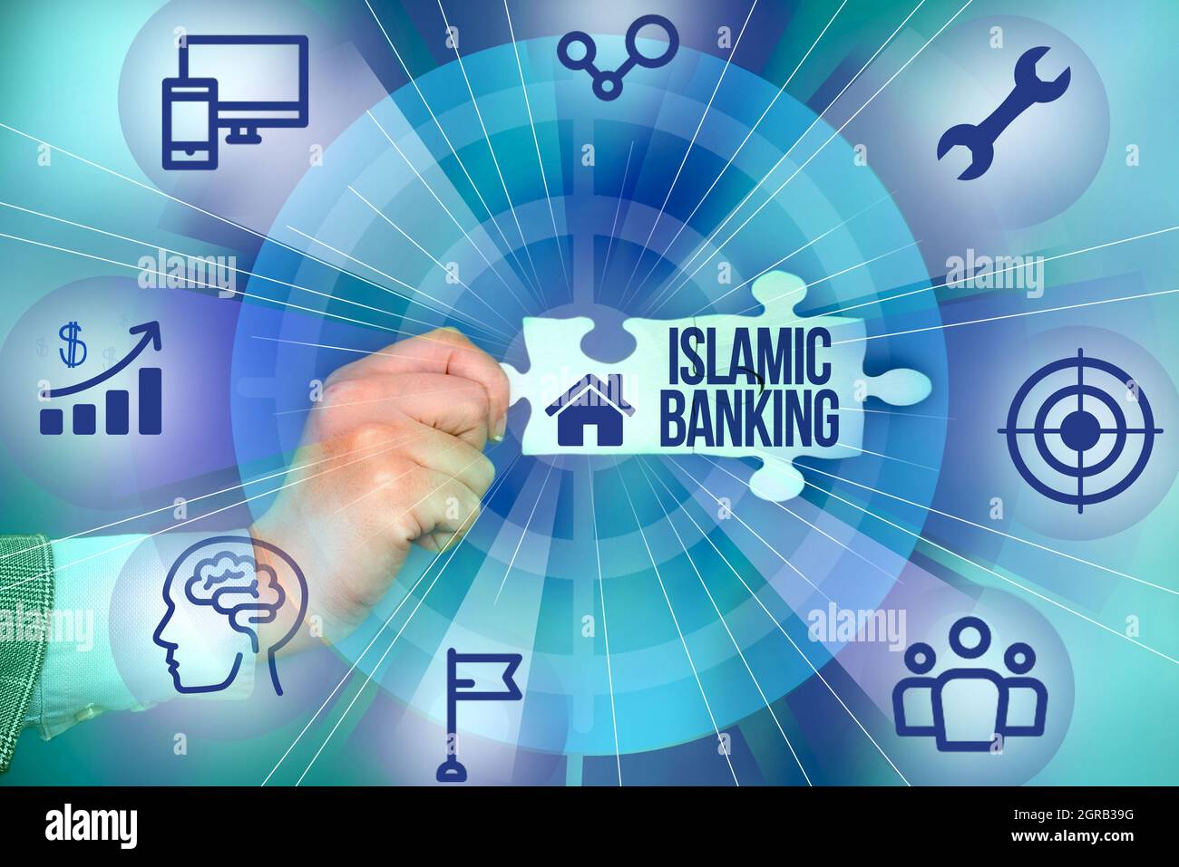 Konzeptionelle Darstellung Islamic Banking. Internet-Konzept Bankensystem auf den Prinzipien des islamischen Rechts Hand Holding Jigsaw Puzzle Stück Unlocking basiert Stockfoto