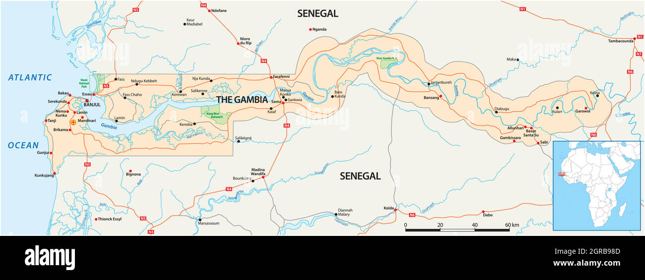 Straßenkarte des westafrikanischen Staates Gambia Stock Vektor