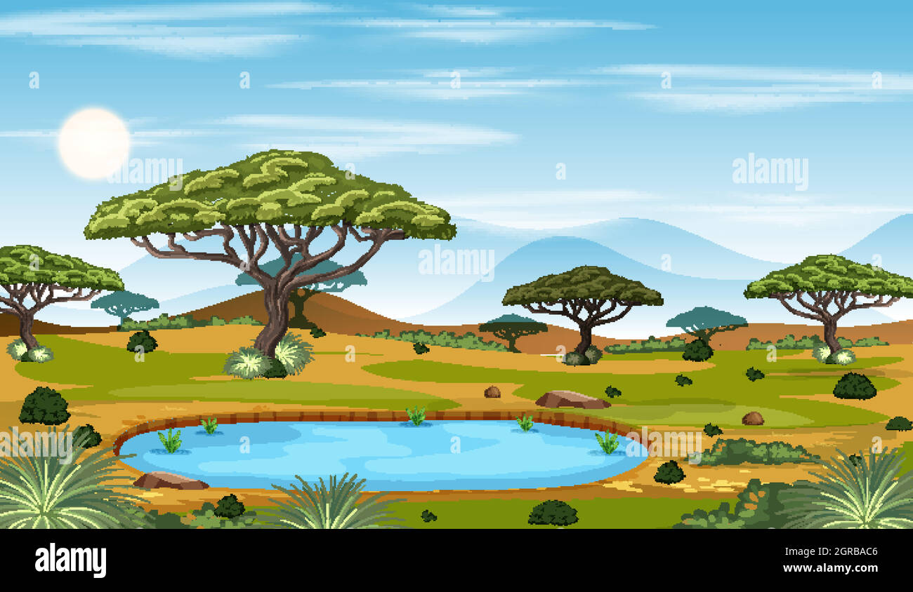 Afrikanische Savanne Waldlandschaft Szene bei Tag Stock Vektor