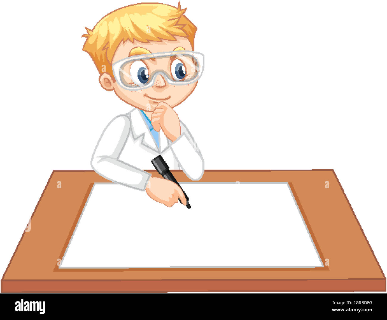 Ein Junge trägt ein Wissenschaftlerkleid mit leerem Papier auf dem Tisch Stock Vektor