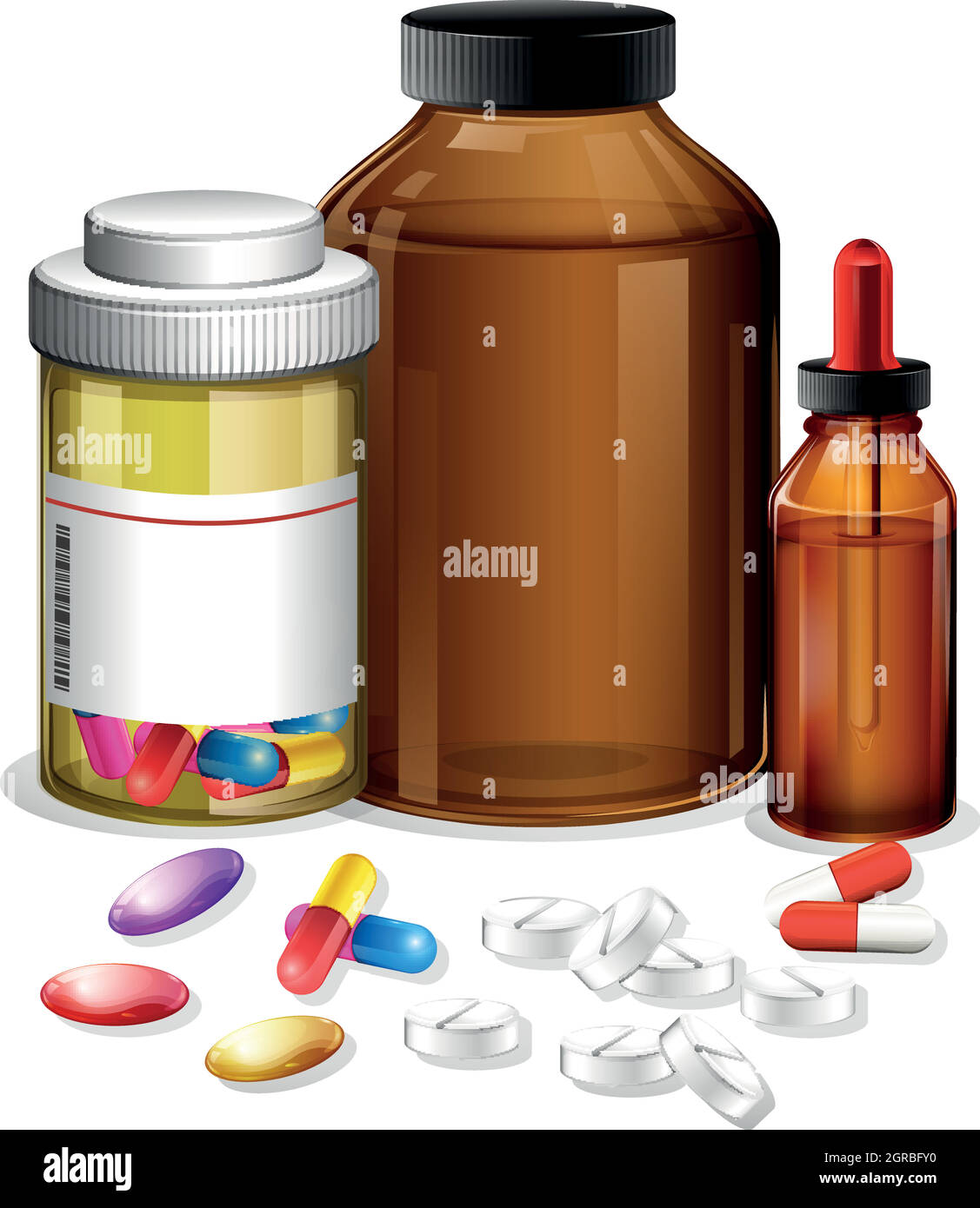 Set aus verschiedenen medizinischen Behältern und Pillen Stock Vektor