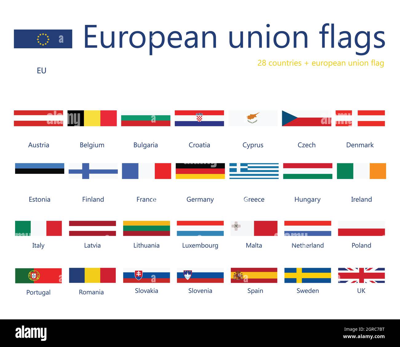 Vektor-Illustration Set von eu-Flaggen mit Namen. 27 Flaggen + eu-Flagge Stock Vektor