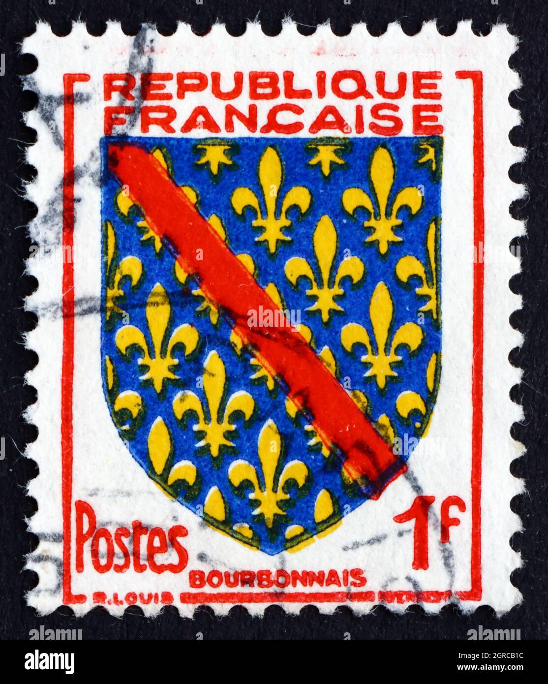 FRANKREICH - UM 1954: Eine in Frankreich gedruckte Briefmarke zeigt Wappen von Bourbonnais, um 1954 Stockfoto