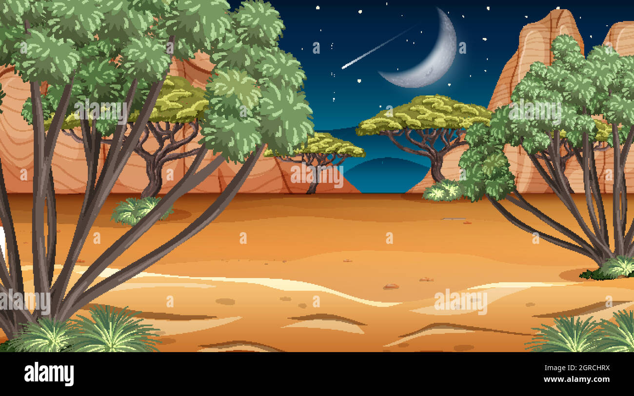 Afrikanische Savanne Waldlandschaft Szene bei Nacht Stock Vektor