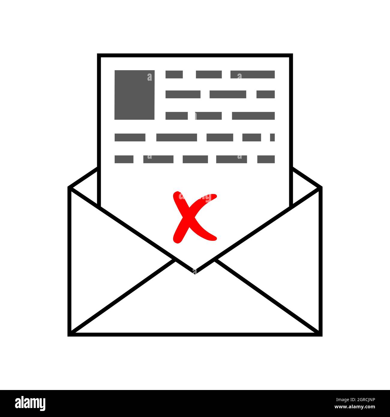 Umschlag mit einem Brief mit schlechten traurigen Nachrichten, ein Brief mit einem roten Kreuz Dokument abgelehnt Stock Vektor