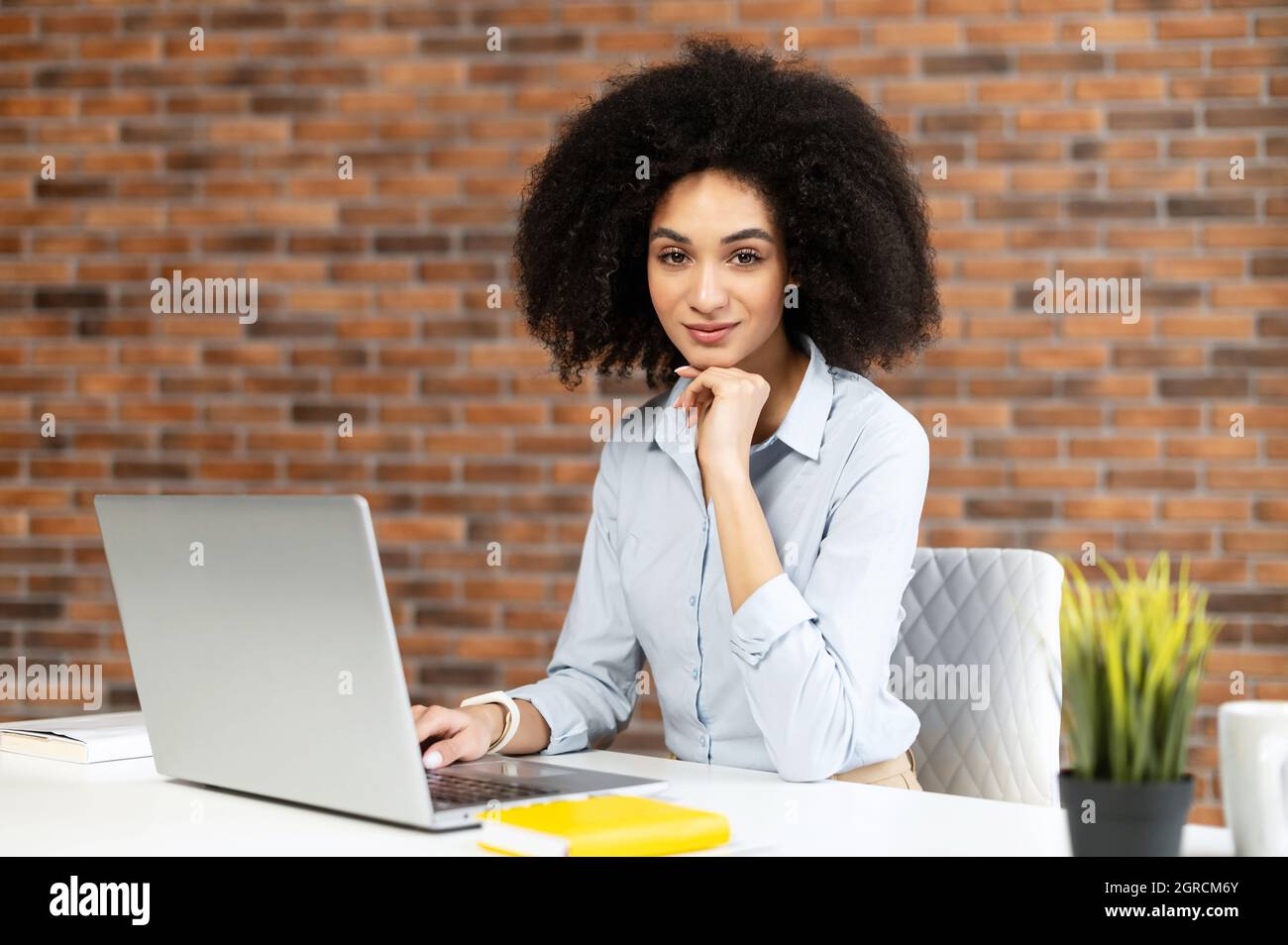 Lächelnde, intelligente Birazialfrau mit Afro-Frisur, die online mit einem Laptop arbeitet, sitzt am Schreibtisch und schaut auf die Kamera im Coworking Space, freiberufliche Mitarbeiterin tippt auf der Tastatur Stockfoto