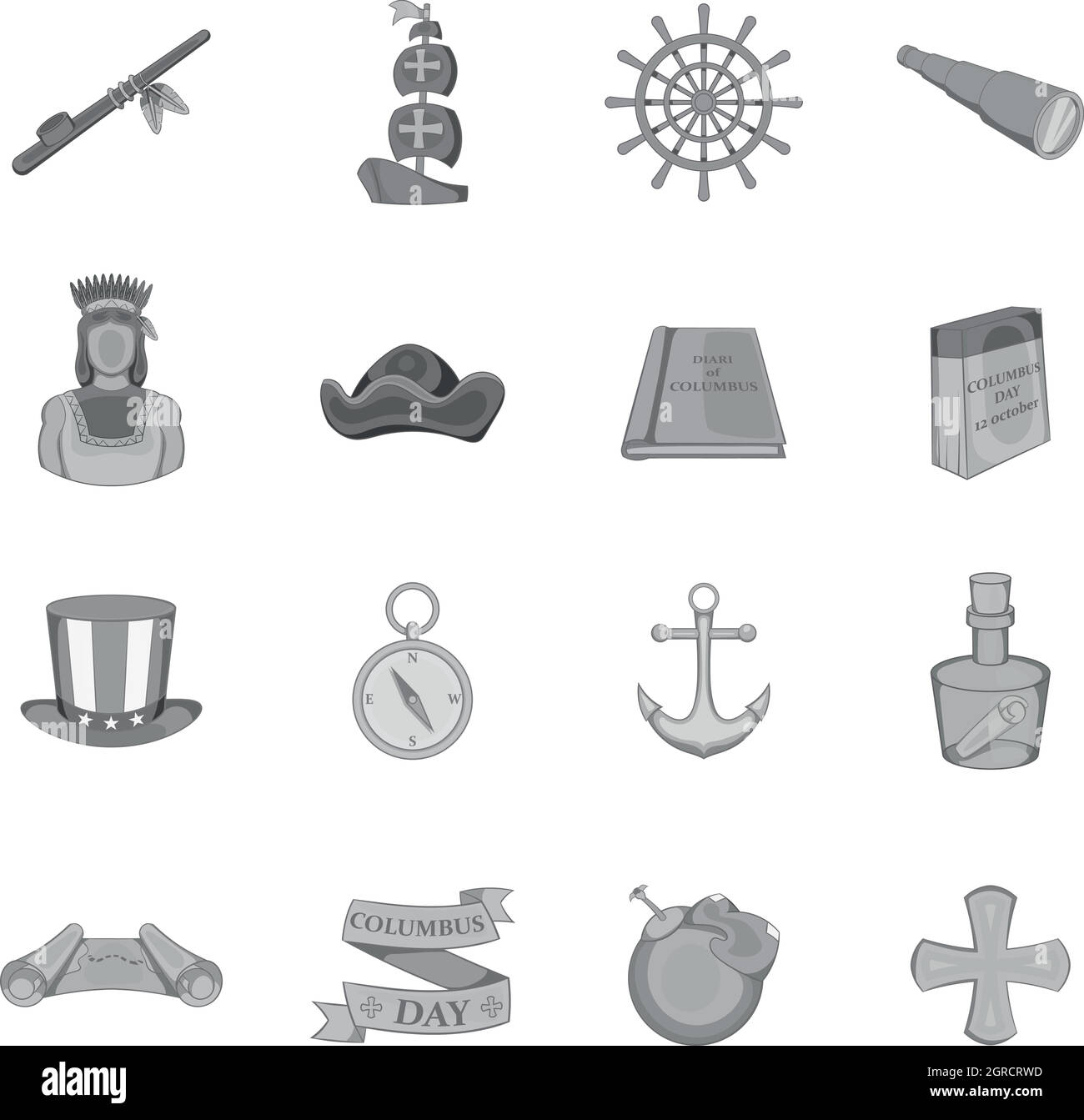 Columbus Day Icons set, schwarz Stil Monochrom Stock Vektor