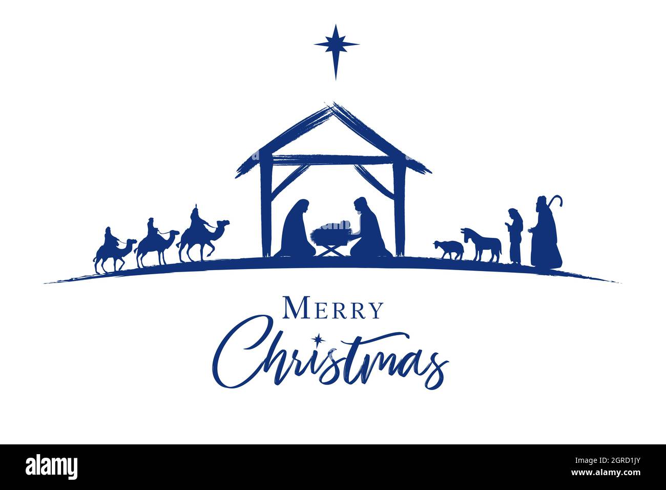 Krippe blaue Silhouette Jesus in Krippe, Hirte und Weise Männer. Weihnachtsgeschichte Maria Joseph und das Jesuskind. Die Geburt Christi mit Bethlehem Stock Vektor