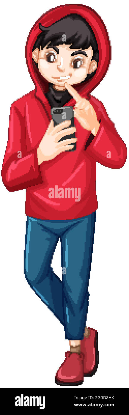 Junge in roten Kapuzenpullover hält Smartphone Cartoon-Figur auf weißem Hintergrund isoliert Stock Vektor