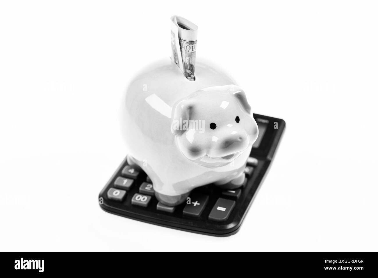Finanzielles Wohlergehen. Sparkonto. Sparschwein rosa Schwein gestopft Dollar Banknote und Rechner. Einsparungen. Wirtschaft und Finanzen. Einsparungen Stockfoto