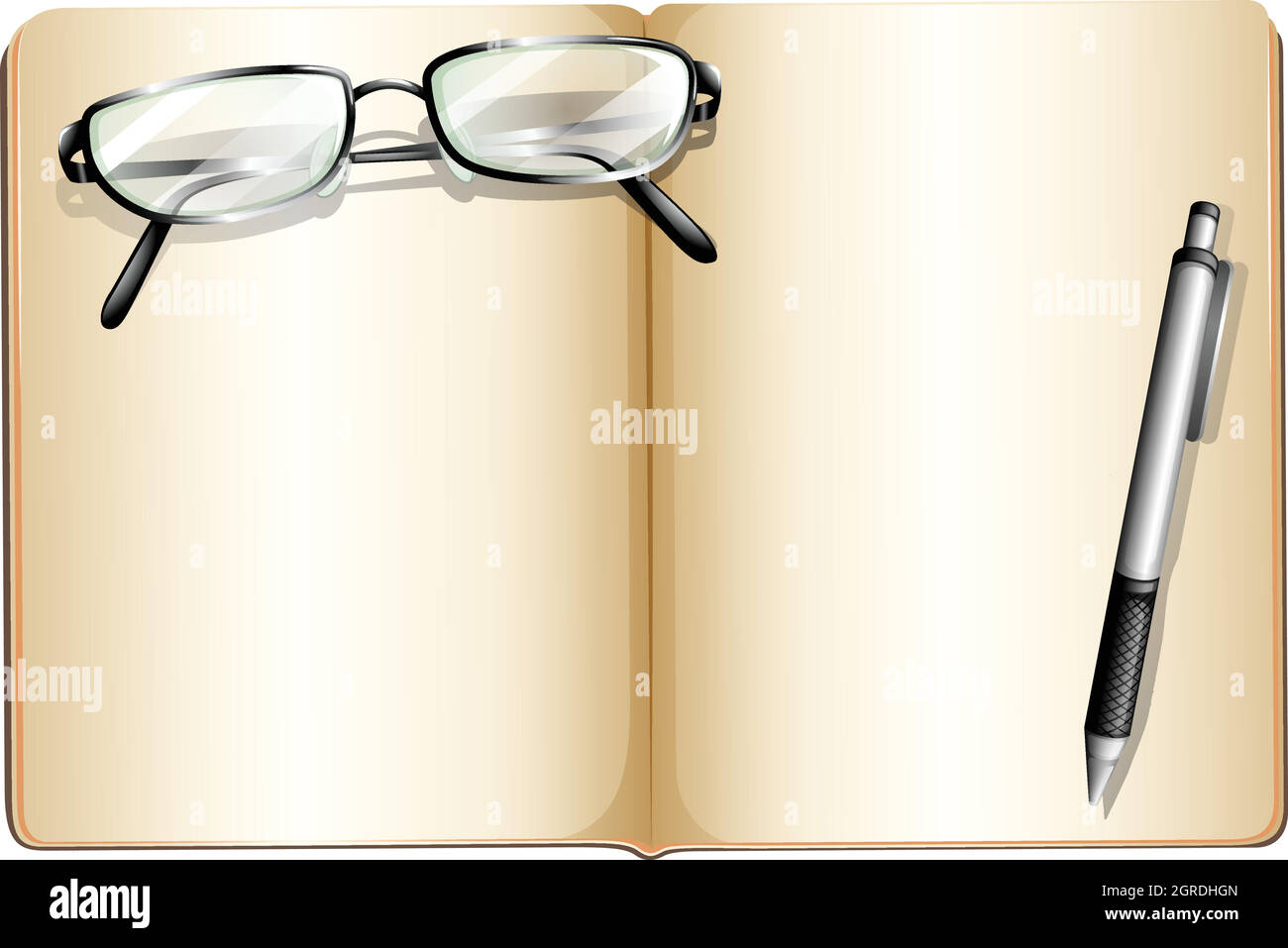 Ein leeres Buch mit Brillen und Kugelschreiber Stock Vektor