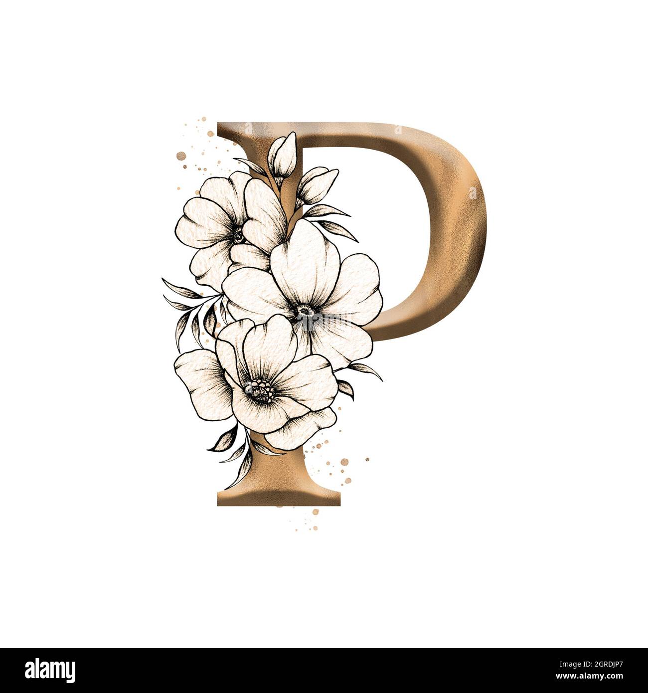 Graphic floral Alphabet, Gold Buchstabe P mit Vintage Blumen Bouquet Zusammensetzung, einzigartige Monogramm Initial perfekt für Hochzeitseinladungen, Gruß Stockfoto