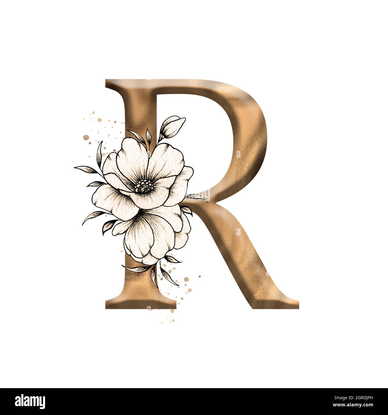 Graphic floral Alphabet, Gold Letter R mit Vintage Blumen Bouquet Zusammensetzung, einzigartige Monogramm Initial perfekt für Hochzeitseinladungen, Gruß Auto Stockfoto