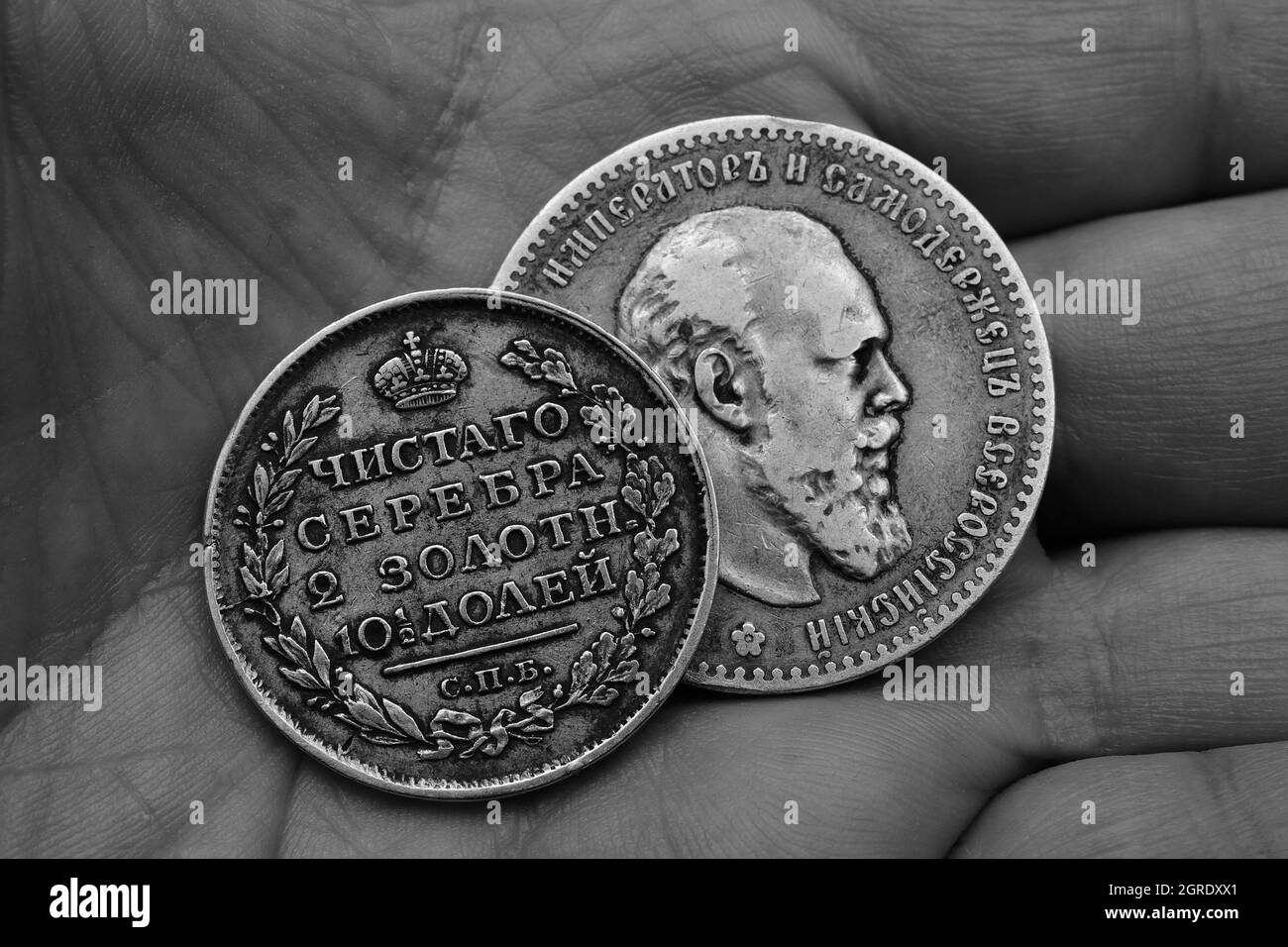 Zwei alte russische Silbermünzen des 18. Jahrhunderts in der Palme, schwarz-weiße Fotografie Stockfoto