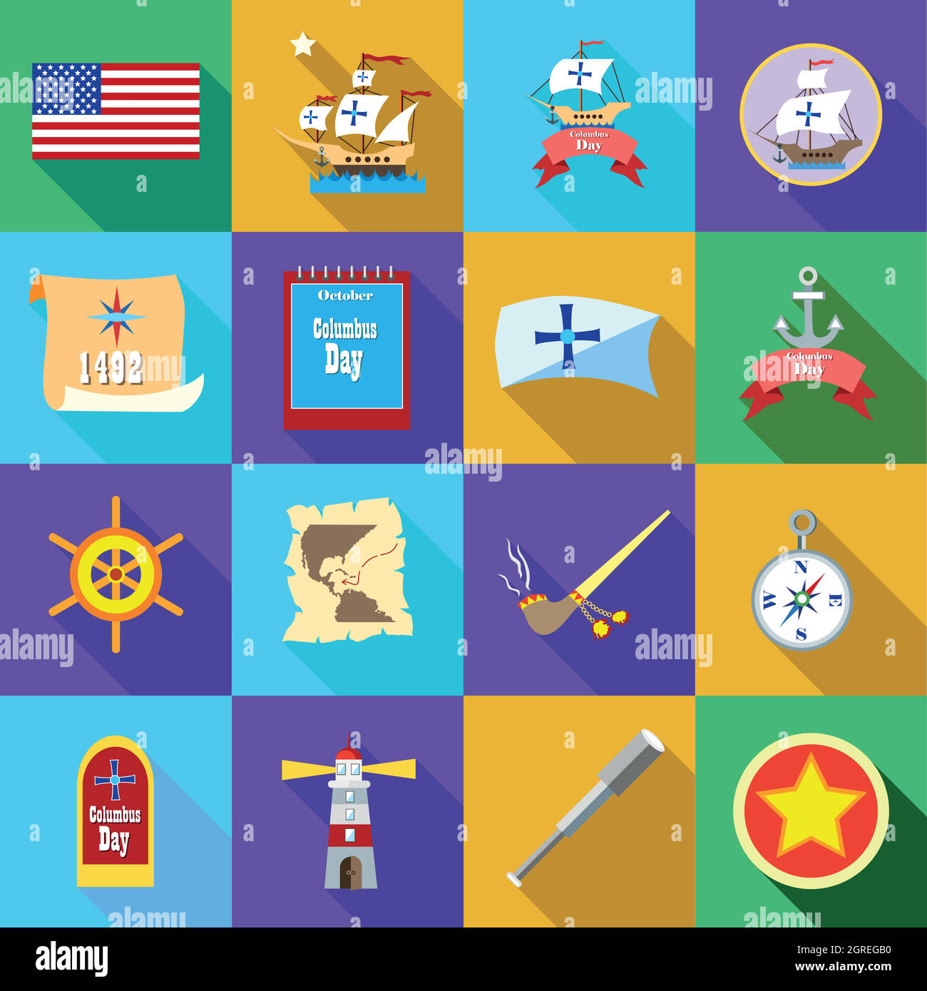 Columbus Day Icons Set, flatstyle Stock Vektor