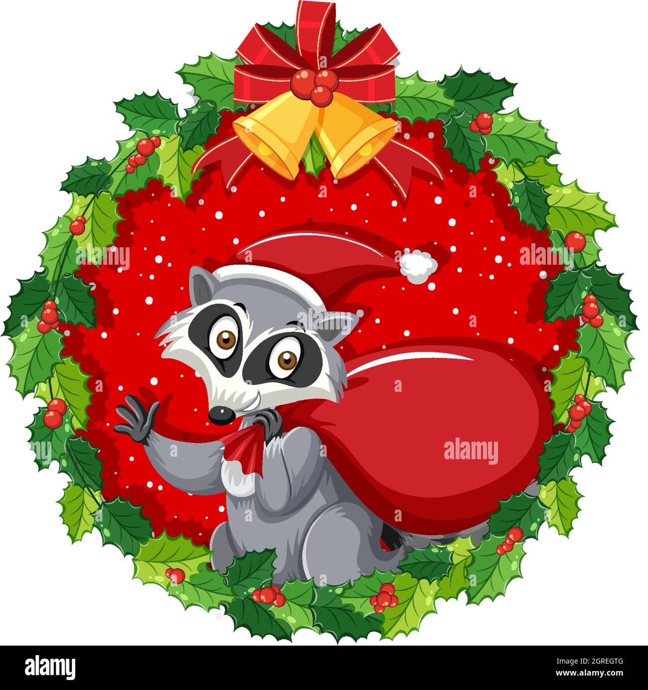 Cartoon Waschbär in Weihnachtskranz isoliert Illustration Stock Vektor