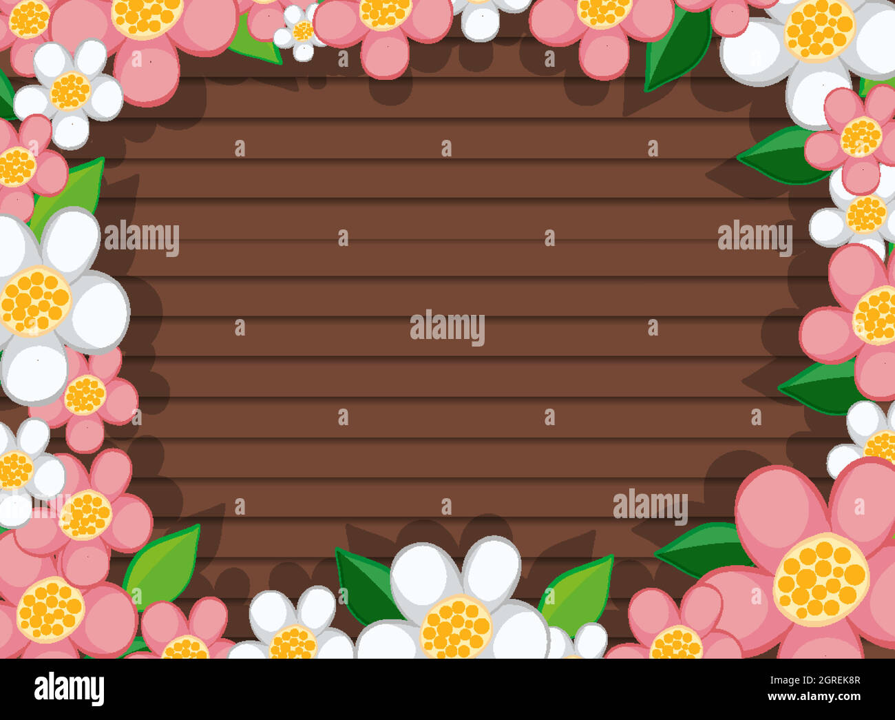 Draufsicht auf leeren Holztisch mit Blättern und rosa und weißen Blumenelementen Stock Vektor