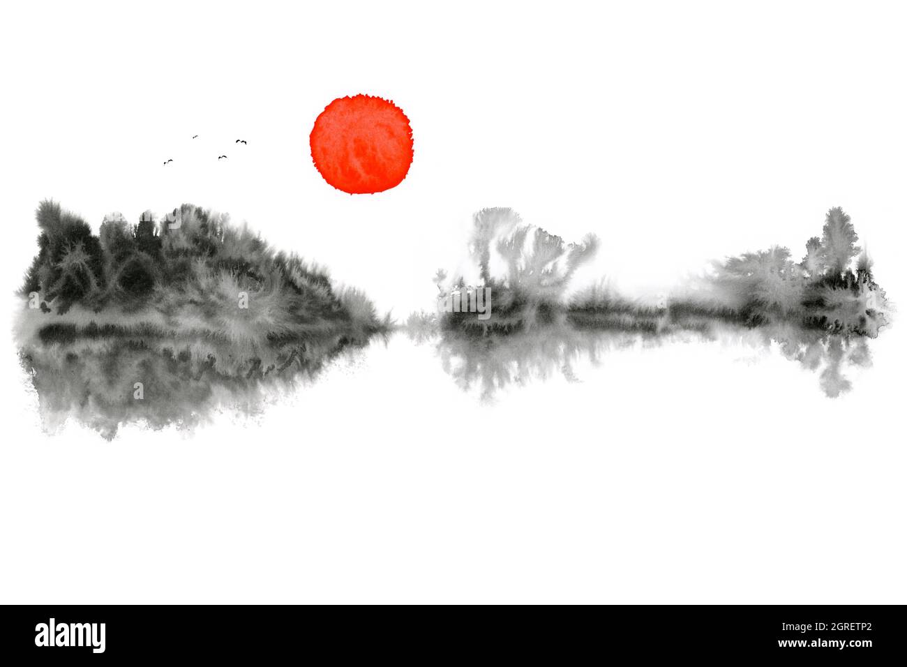 Japanische sumi schwarze Landschaft abstrakt, Berg und See, natürliche  Grunge Aquarell Hintergrund, Tinte Kunst Stockfotografie - Alamy
