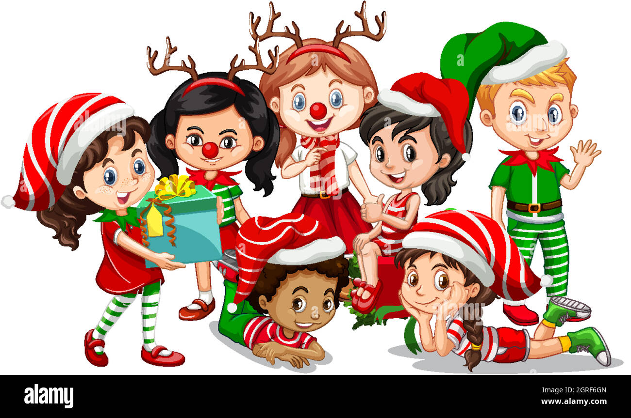 Kinder tragen Weihnachtskostüm Cartoon-Figur auf weißem Hintergrund Stock Vektor