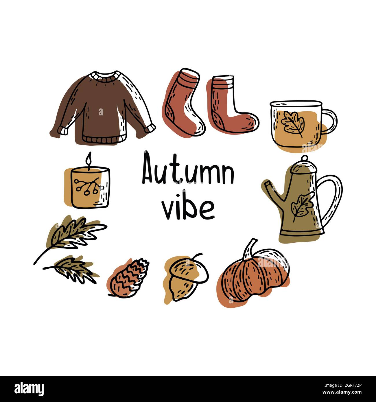 Herbststimmung. Set von gemütlichen Herbst Dinge. Tasse Tee oder Kaffee, Eichel- und Tannenzapfen, Blätter, Kerze und Pullover, Teekannen und warme Socken, Kürbis. Form von Stock Vektor