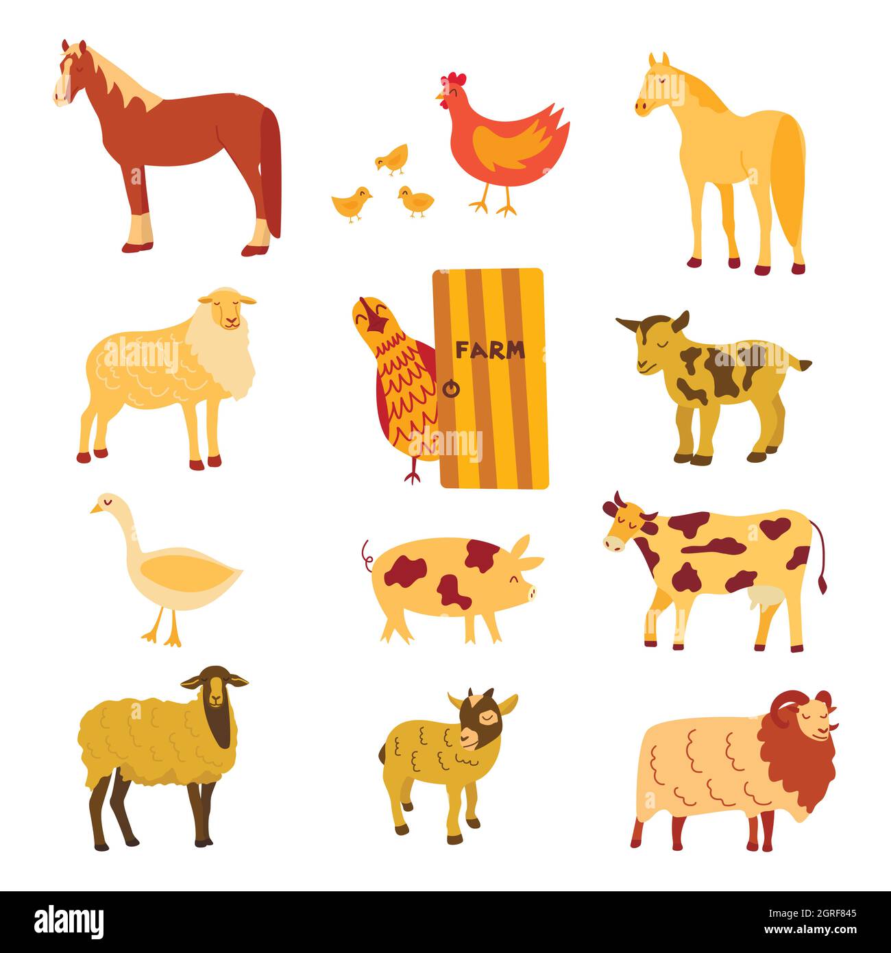Tiere auf dem Bauernhof eingestellt. Bunte Vektor isolierte Illustration von Hand gezeichnet. Kuh und Schwein, Schaf und Pferd, Huhn und Gans. Viehzucht, Viehzucht Stock Vektor