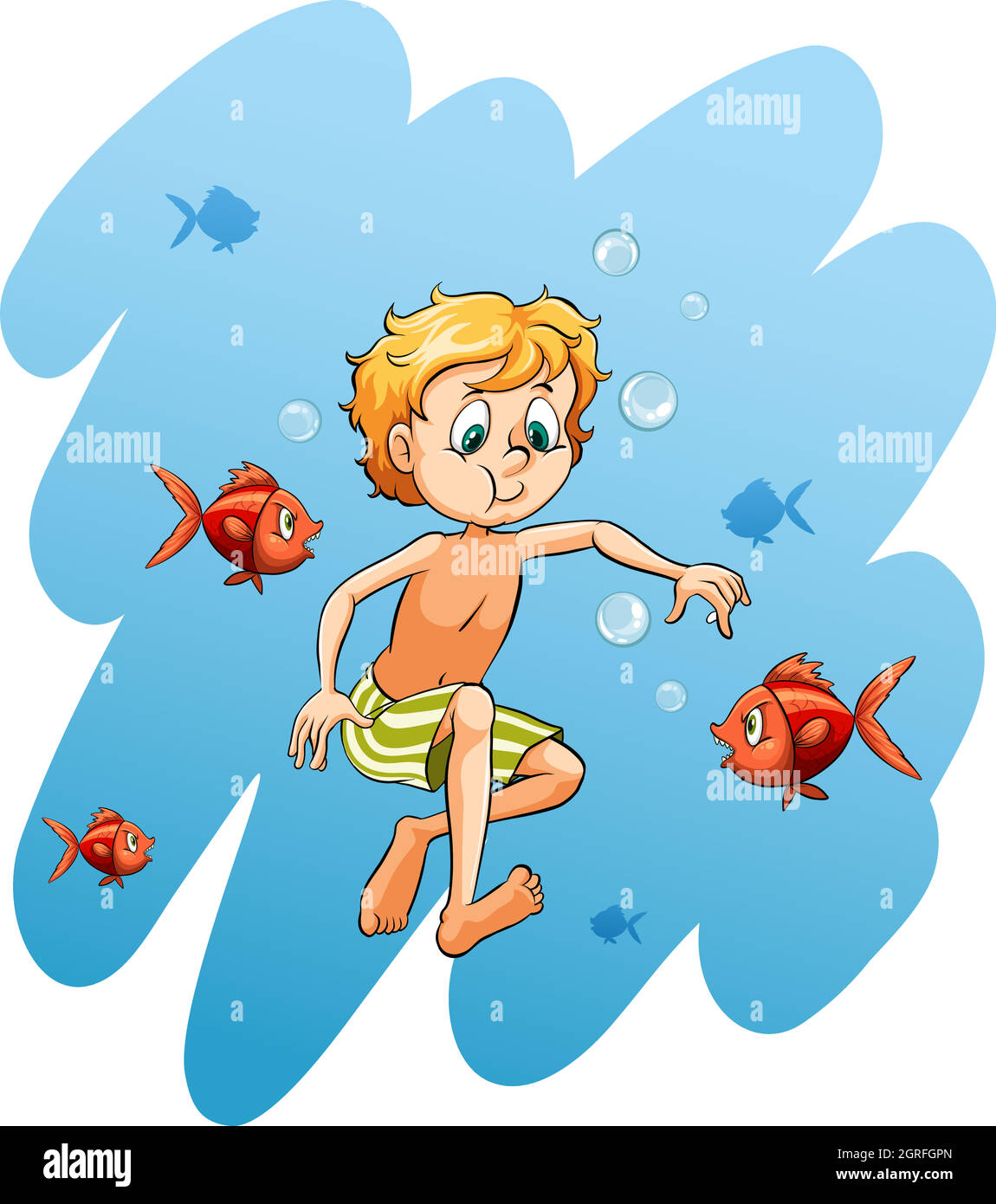 Junge mit Fischen umgeben Stock Vektor