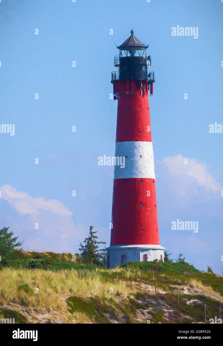 Leuchtturm in Hoernum auf der Insel Sylt. Digitales Malen. Stockfoto