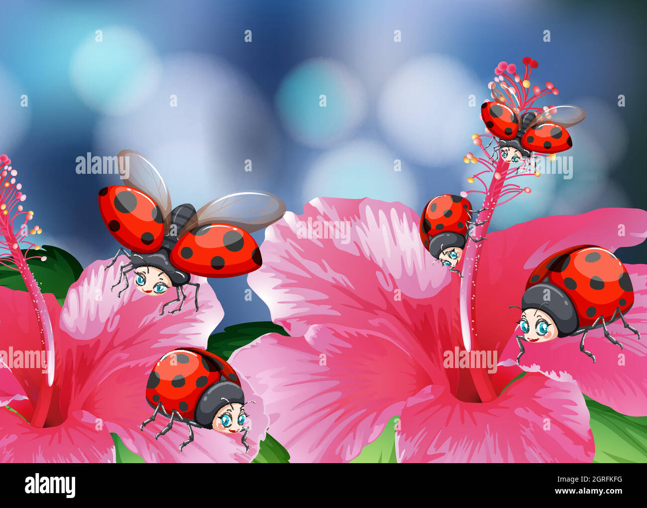 Viele Marienkäfer auf rosa Blüten Stock Vektor