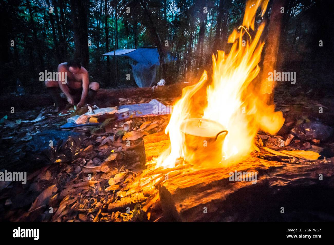 Frankreich, Französisch-Guayana, Saül, monts Galbao, Biwak im tropischen Unterholz auf dem Weg zu den Wasserfällen Stockfoto