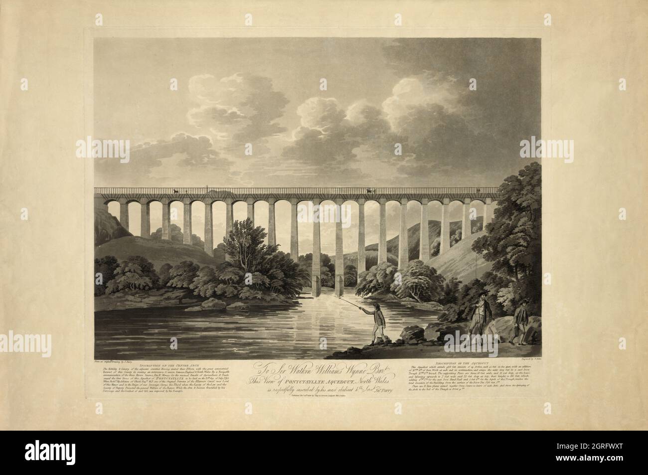 Vintage Print vom 16. November 1808 des Aquädukts Pontcysyllte in Wales drei Jahre nach seiner Fertigstellung im Jahr 1805. Erbaut aus Gusseisen und Stein, entworfen von Thomas Telford und William Jessop, um den Llangollen-Kanal über den Fluss Dee zu führen. Der Druck von John/Jonathan Parry wurde einem lokalen Würdenträger Sir Watkin Williams-Wynn, 5. Baronet, dem größten Grundbesitzer in Nordwales, überreicht Stockfoto