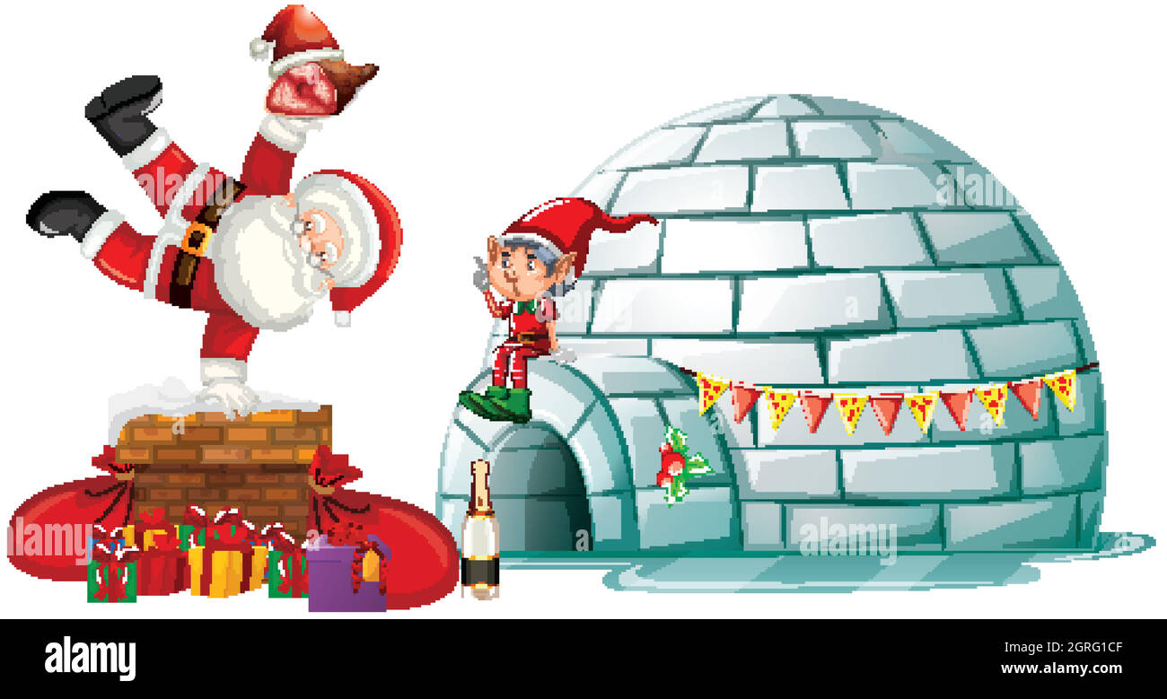weihnachtsmann und Elf auf dem Iglu Stock Vektor