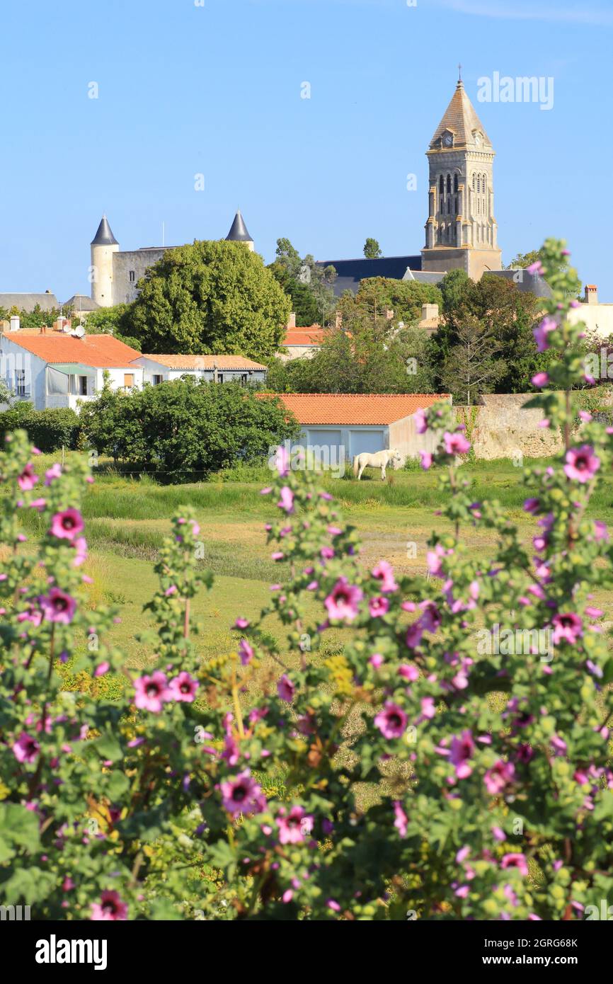 Frankreich, Vendee, Noirmoutier Island, Noirmoutier en l'ile, Blick vom Jacobsen Pier auf die Saint Philbert Kirche und das Schloss Stockfoto