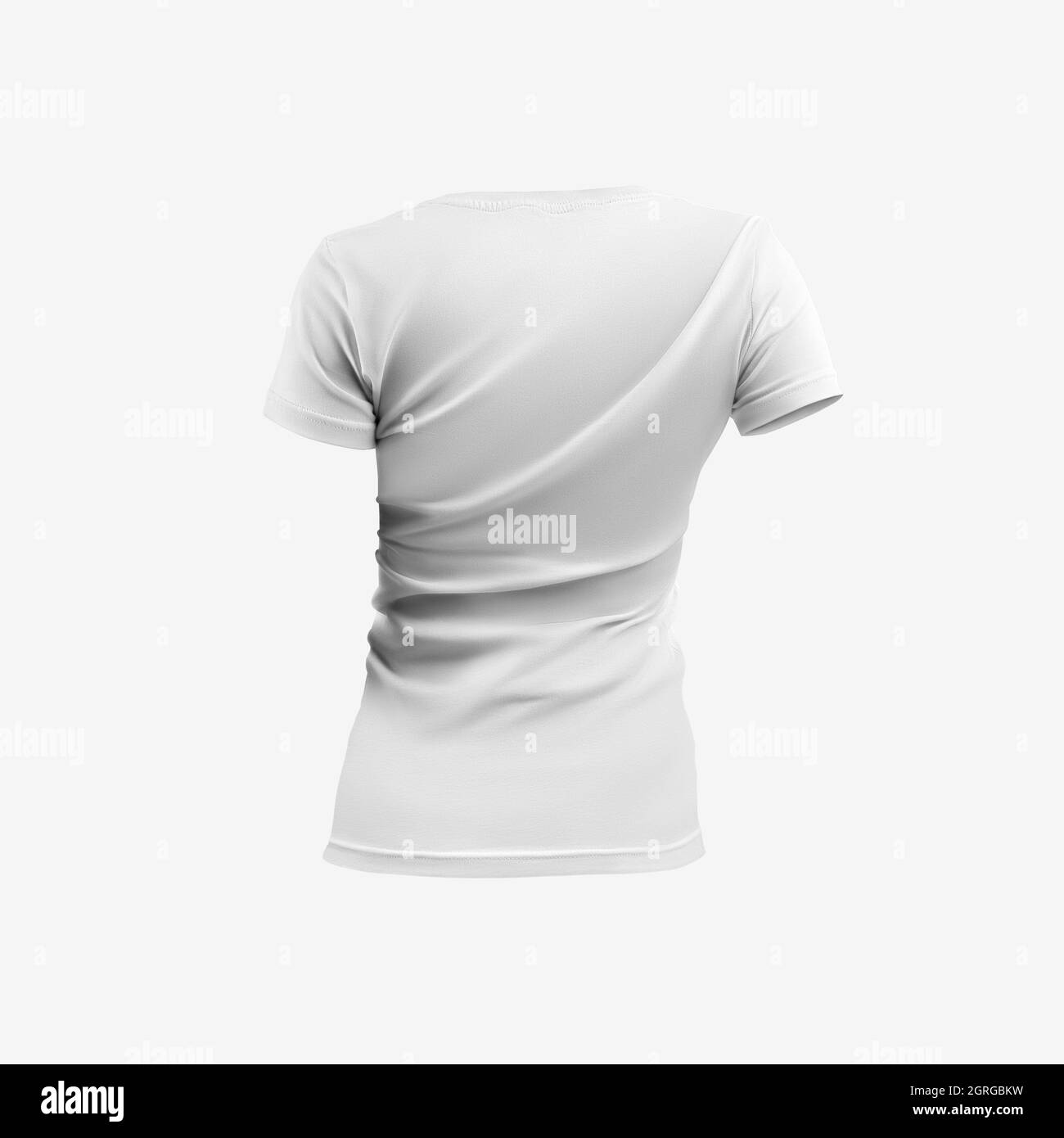 Modell von weißer Damenbekleidung, 3D-Rendering, leeres T-Shirt für Design, Werbung, isoliert auf dem Hintergrund im Studio, Rückansicht. Strukturierte Kleidung te Stockfoto