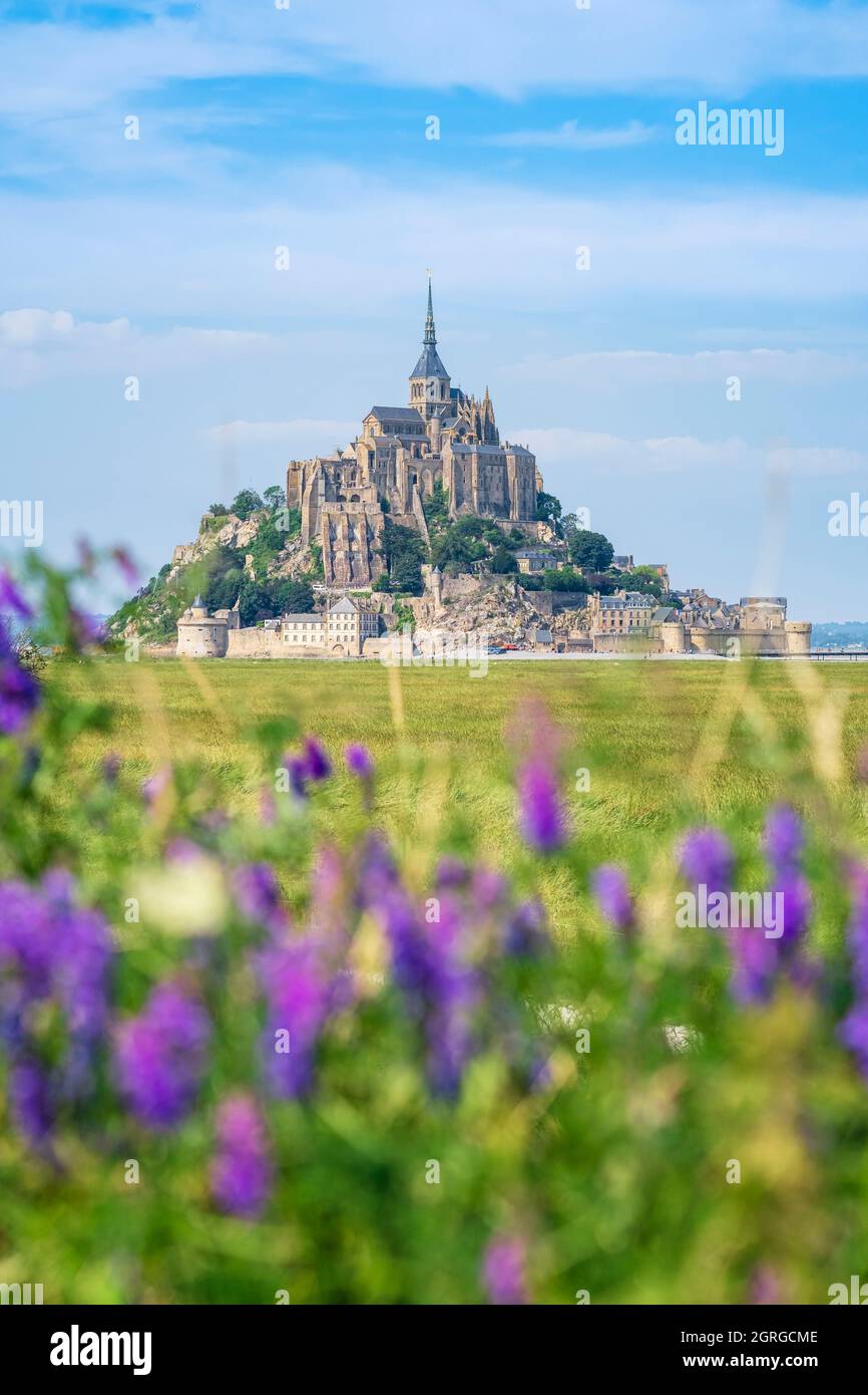 Frankreich, Manche, Le Mont Saint-Michel, Abtei Mont Saint-Michel auf seiner felsigen Gezeiteninsel (UNESCO-Weltkulturerbe) Stockfoto
