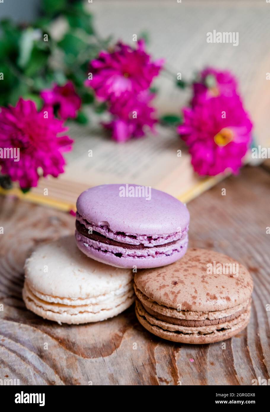 Macarons Hintergrund rote Blumen und Bücher, auf einem Holztisch. Vertikaler Rahmen. Ästhetik mit Makronen und Blumen. Schöne Kuchen auf einem Holztisch Stockfoto