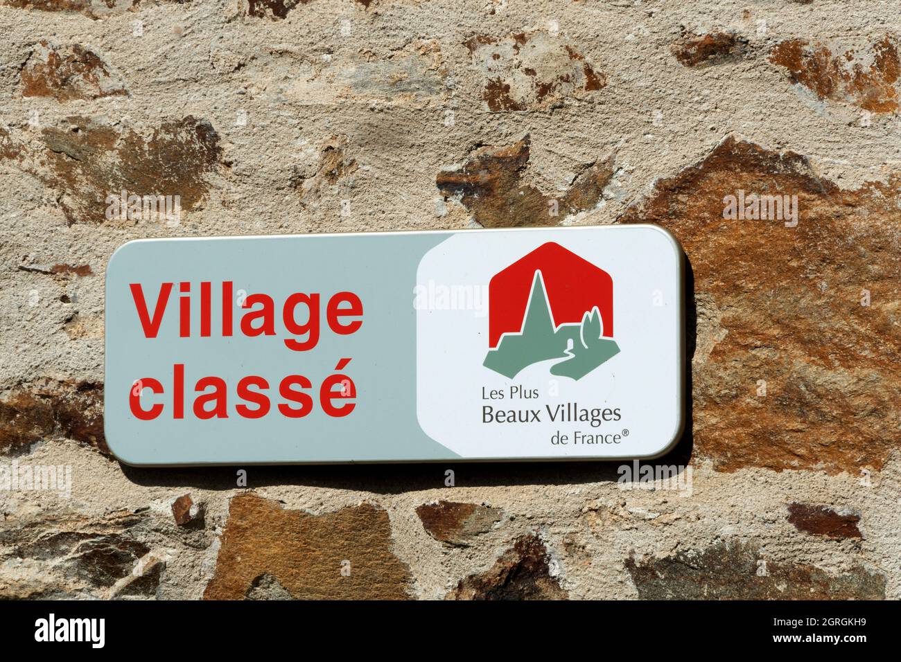 Französisches Zeichen der beschrifteten Les Plus Beaux Villages de France, die schönsten Dörfer Frankreichs Stockfoto