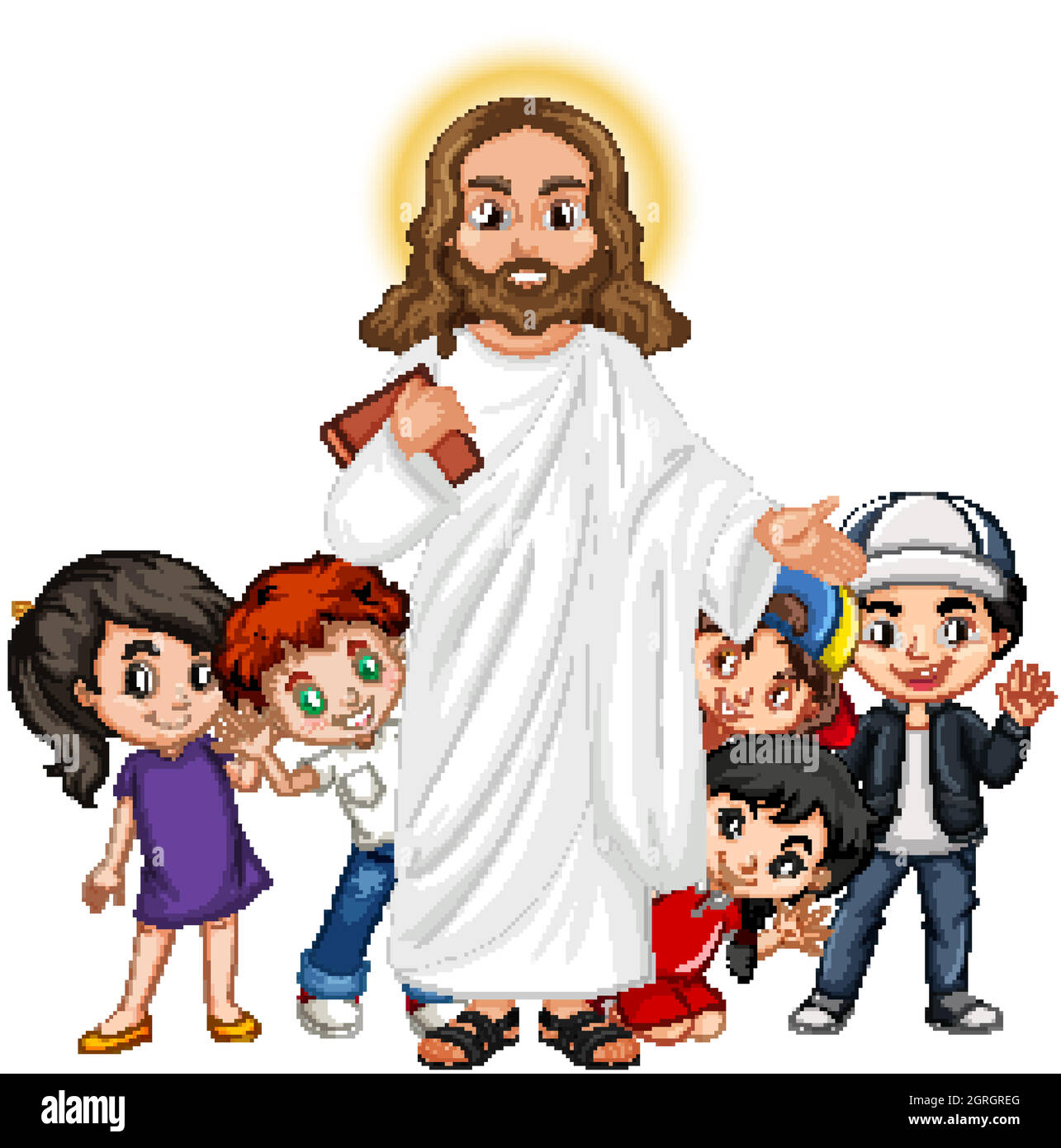 Jesus mit einer Kindergruppe Zeichentrickfigur Stock Vektor