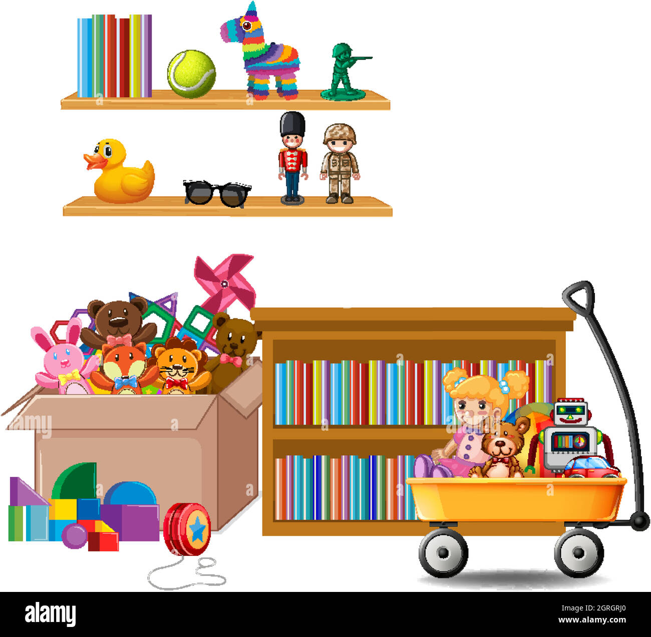 Regal voller Bücher und Spielzeug auf weißem Hintergrund Stock Vektor