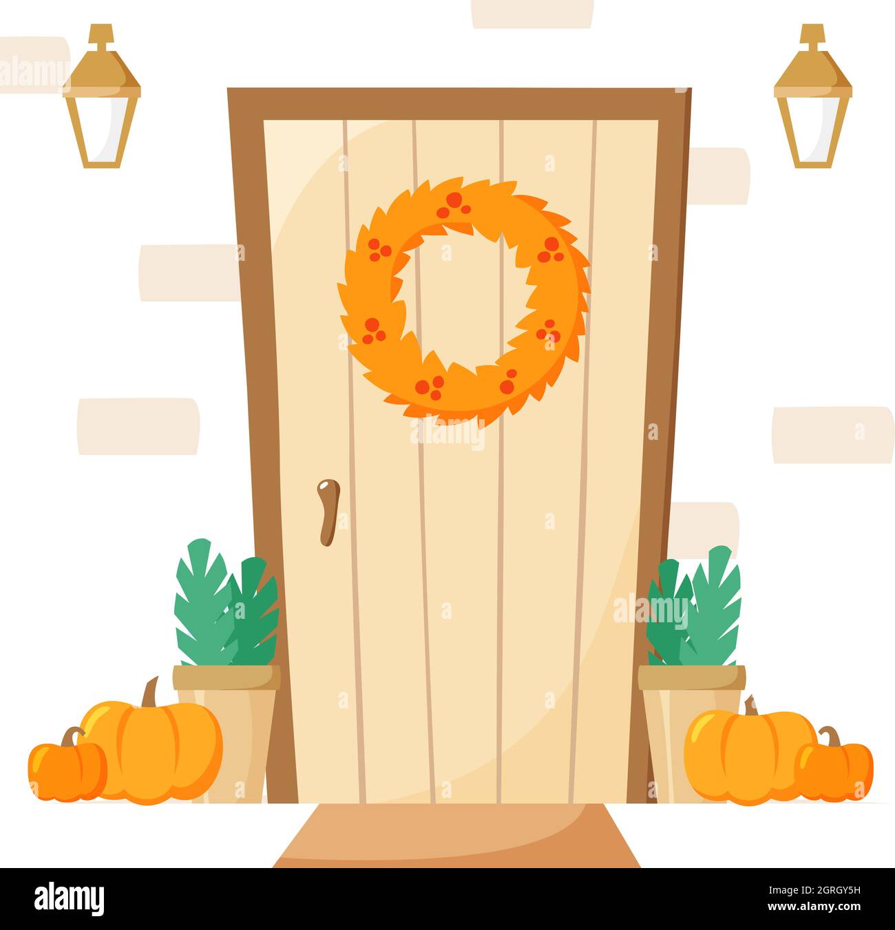 Haustür mit Herbstschmuck, Eingang mit Kranz und Kürbissen, Laternen und Pflanzen in Töpfen, Herbst-Vektor-Illustration, flacher Stil Stock Vektor
