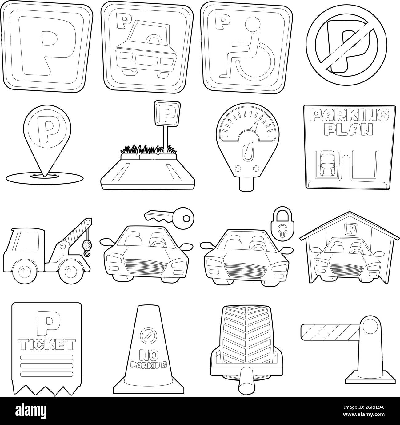 Parkplatz Icons Set, Cartoon-Umriss-Stil Stock Vektor