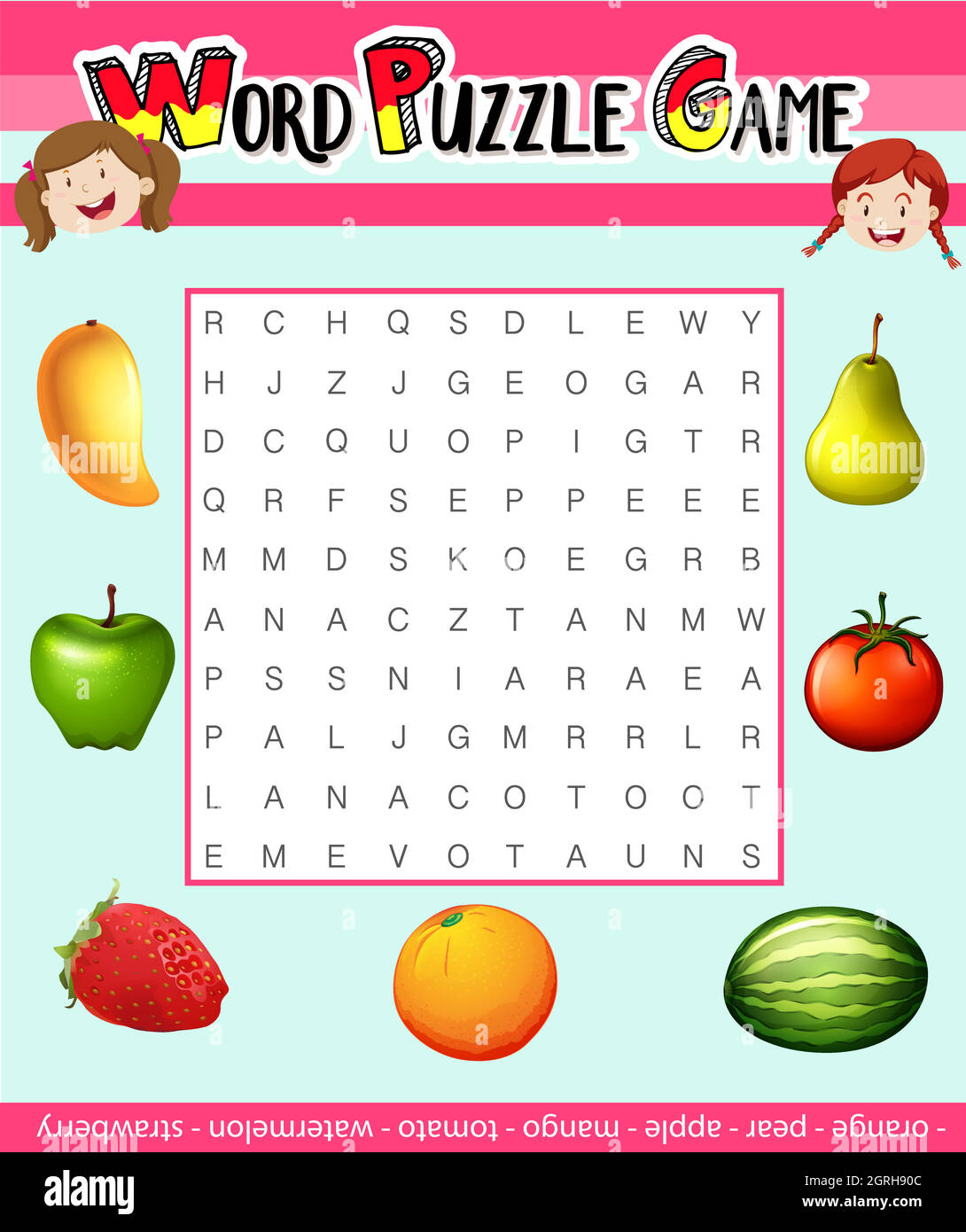 Word Puzzle-Spiel Vorlage mit Obst-Thema Stock-Vektorgrafik - Alamy