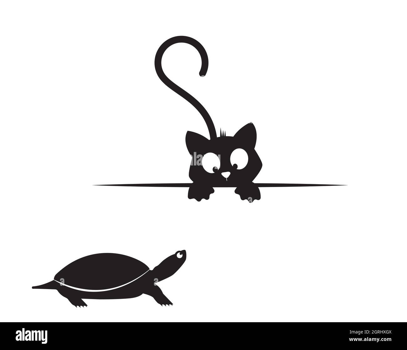 Katze hinter und Schildkröte Silhouette, lustige Illustration, Vektor, Cartoon, Kinder Wandtattoo, Kinder Wandbilder isoliert auf weißem Hintergrund, minimalistisch Stock Vektor