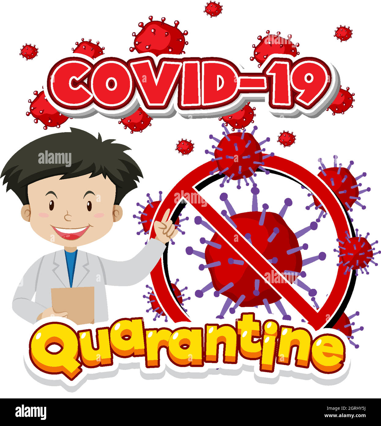 Poster Design für Coronavirus Thema mit Arzt und Viruszellen Stock Vektor