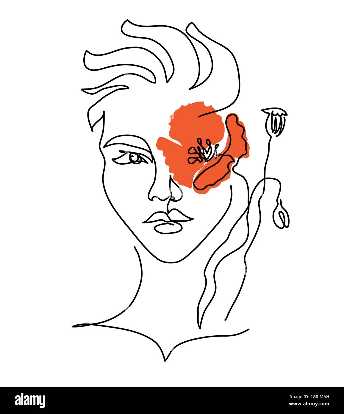 Frauenkopf lineart Zeichnung mit roter Mohnblume statt Auge. Moderne kontinuierliche Linienvektor Illustration von Kopf und Farbe Blume Stock Vektor