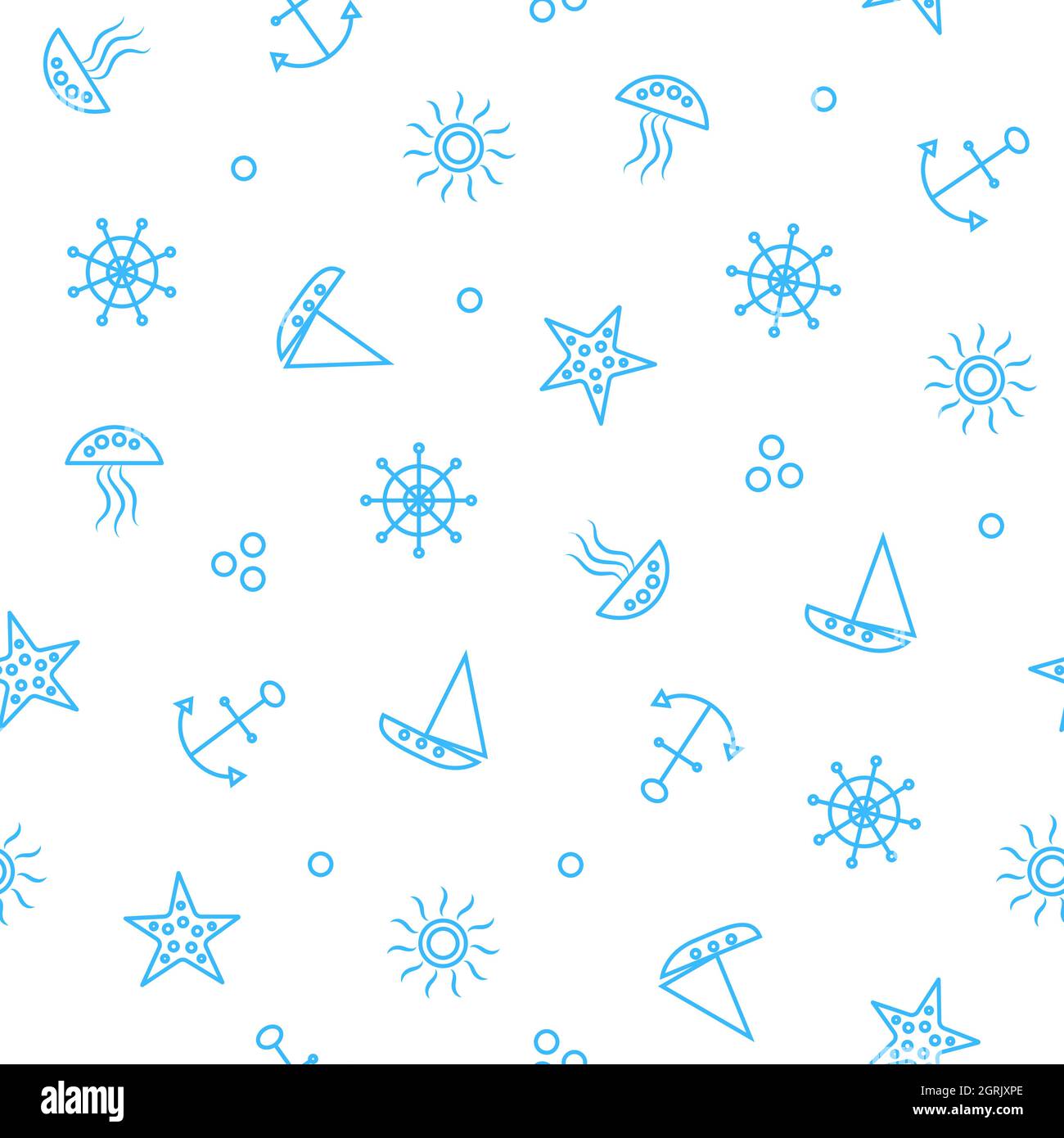 Blue Sea travel Urlaub nahtlose Muster Hintergrund Textur mit Segelbooten, Seestern, Anker. Stock Vektor