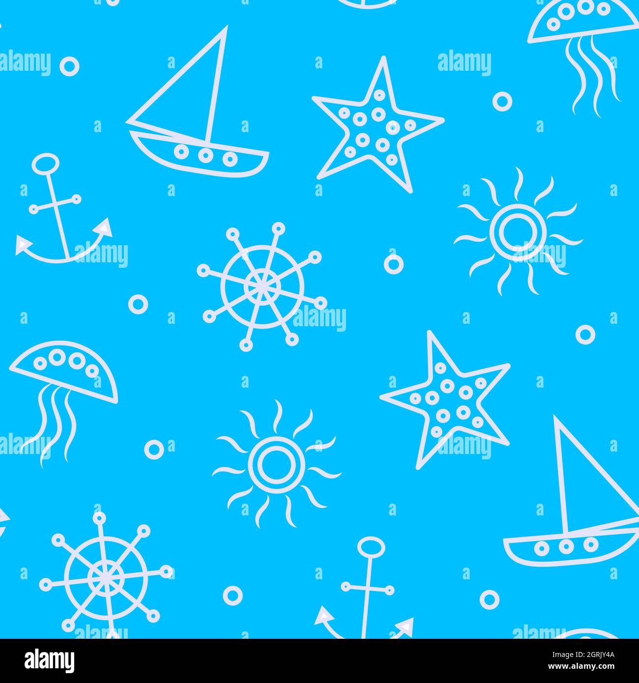 Blue Sea travel Urlaub nahtlose Muster Hintergrund Textur mit Segelbooten, Seestern, Anker. Stock Vektor