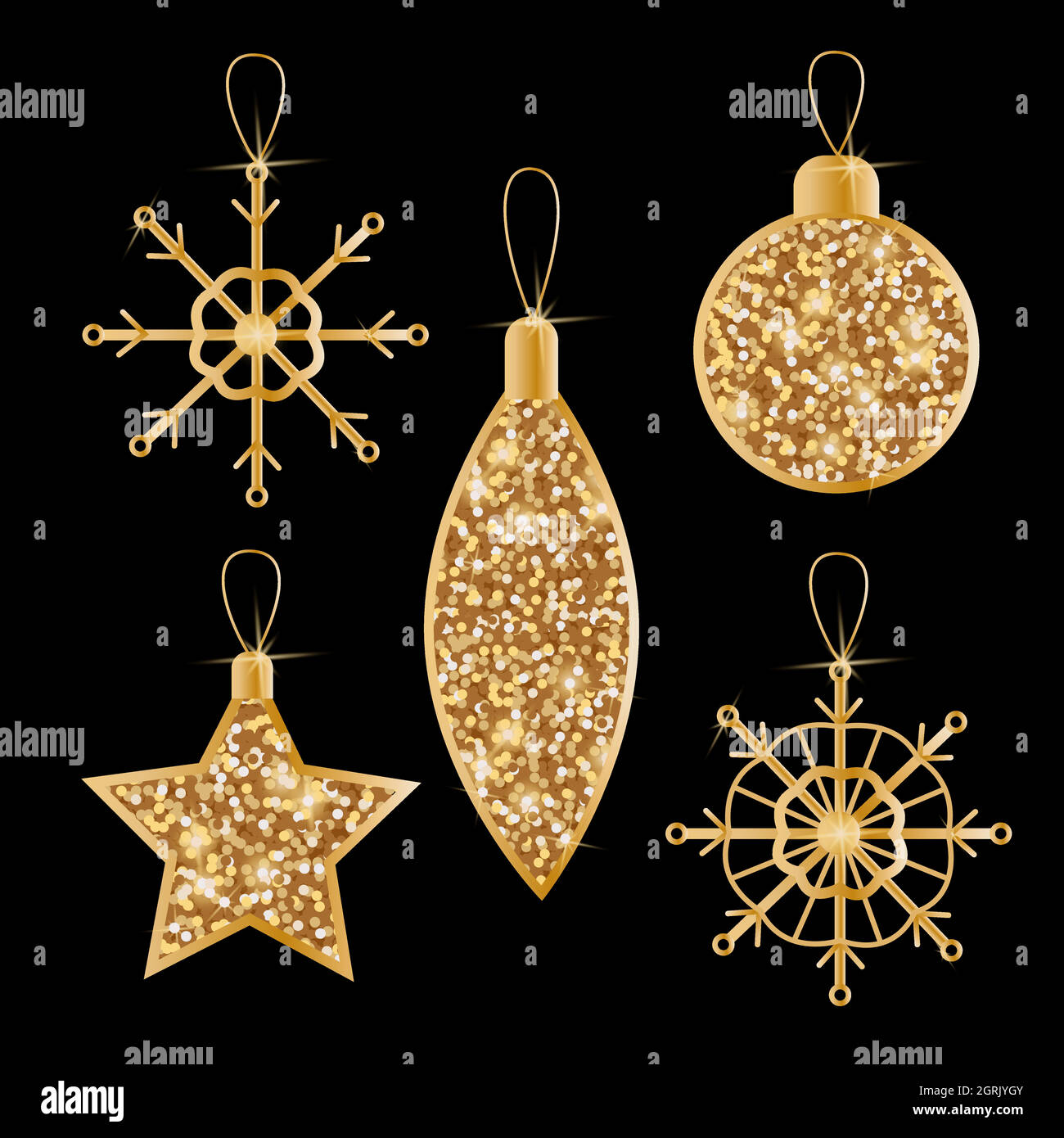 Weihnachtsspielzeug mit Pailletten und Glitzer. Set von Weihnachtsdekorationen. Vektor goldene Objekte auf schwarzem Hintergrund Stock Vektor