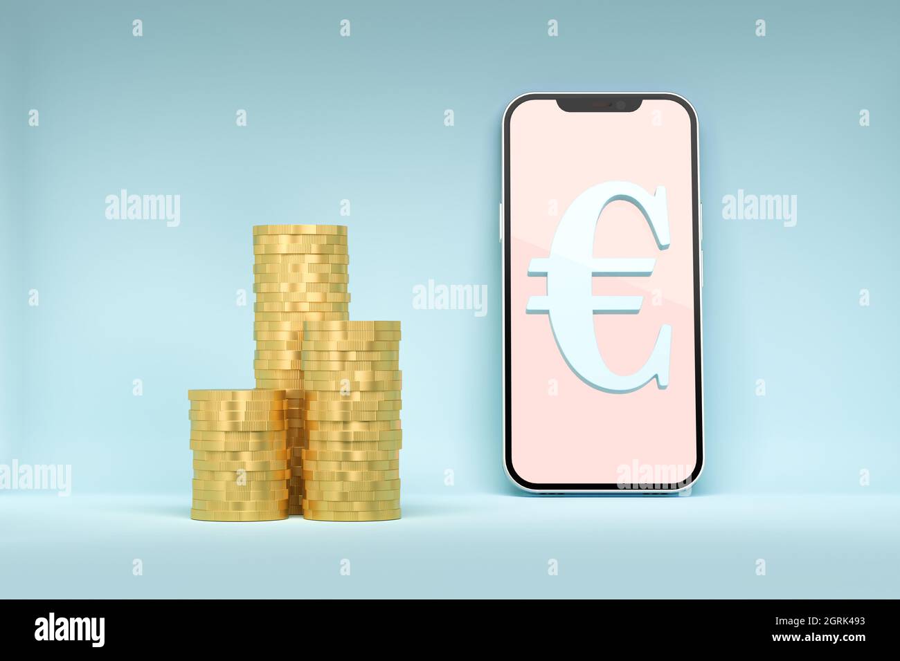Physische Euro-Münzen und der digitale Euro auf einem Handy-Konzept. Stockfoto