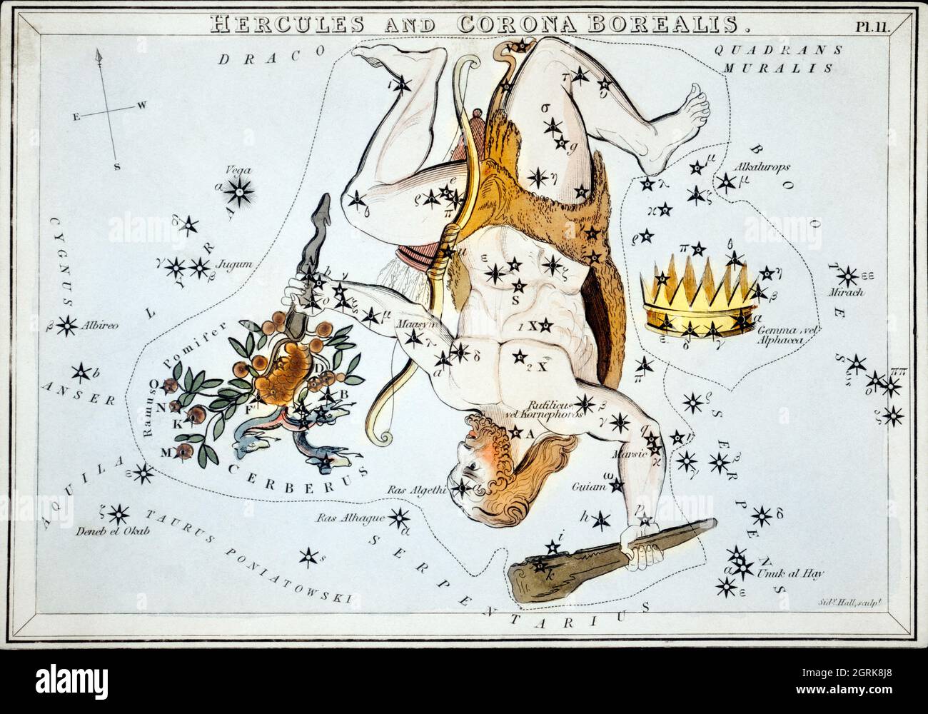 Sidney Hall (1788-1831) – Astronomische Kartendarstellung des Herkules und der Corona Borealis. Stockfoto