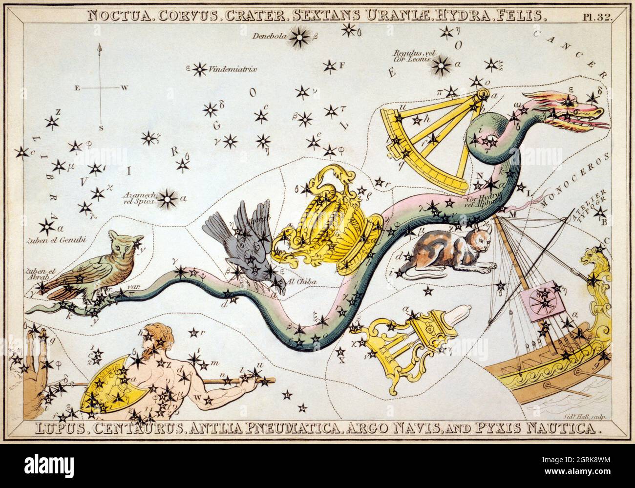 Sidney Hall (1788-1831) Urania’s Mirror - Noctua, Corvus, Crater, Sextans Urani, Hydra, Felis, Lupus, Centaurus, Antlia Pneumatica... c 1825. Stockfoto